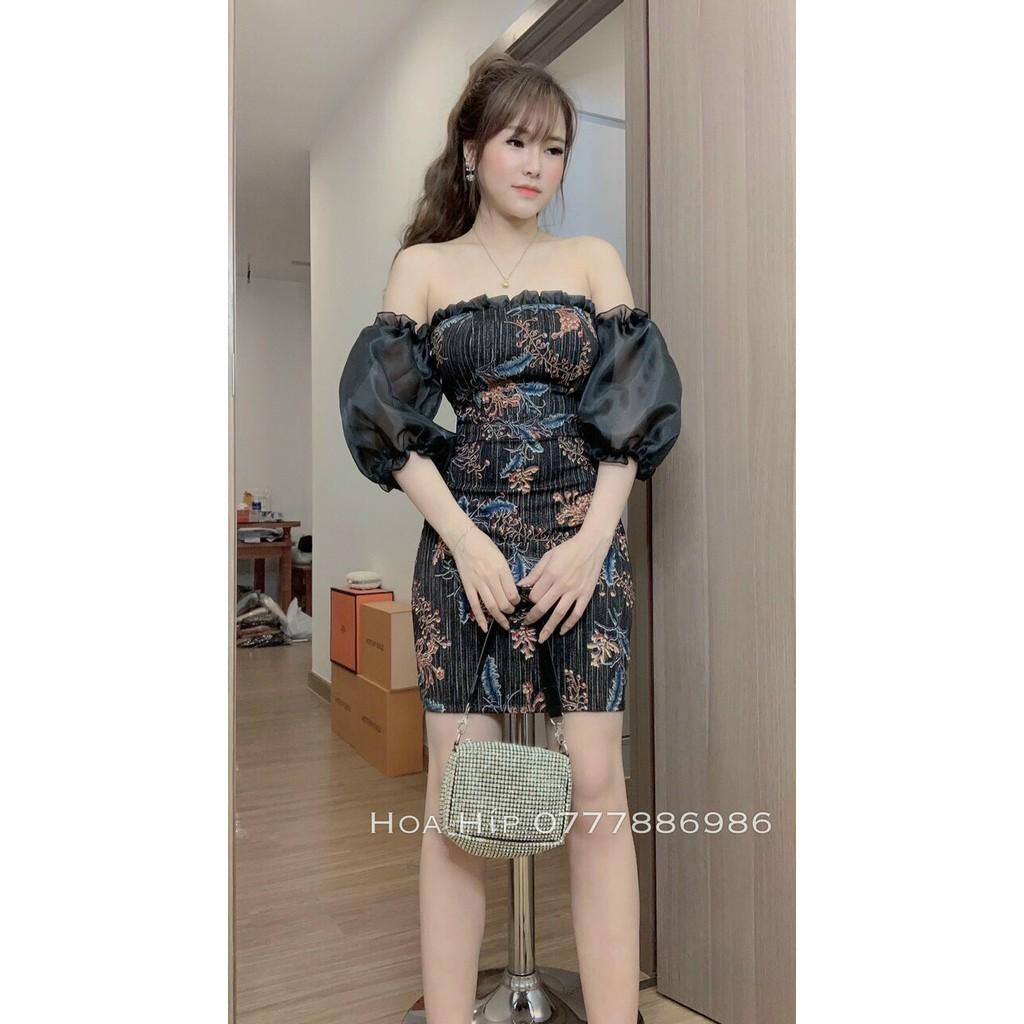 Đầm body dự tiệc hoạ tiết phối tay voan kèm mút