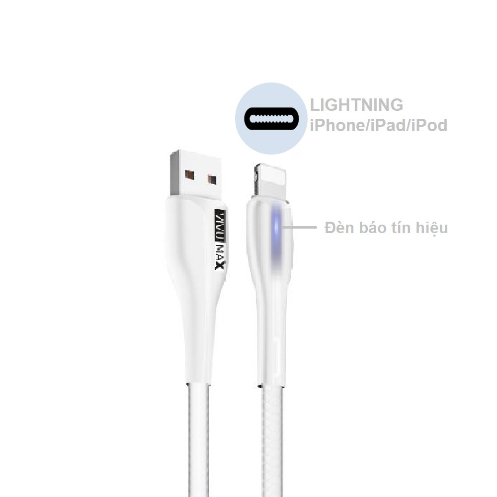 Cáp sạc nhanh và truyền dữ liệu VivuMax L102 đầu sạc Lightning, tương thích hầu hết các sản phẩm có cổng Lightning (IPhone/IPad/AirPods)- Có đèn LED báo tín hiệu, 1m, Dây PVC cao cấp chống cháy – Hàng Chính Hãng