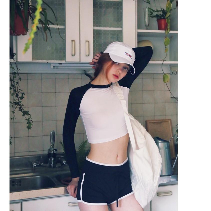 Bộ đồ bơi nữ croptop màu trắng đen thun lạnh dày đẹp