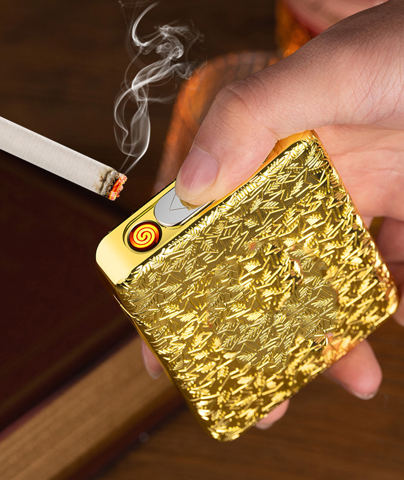 Bật Lửa Điện Kiêm Hộp Đựng Thuốc 16 Điếu Lớn Ngắn Đồng Thau Hoa Văn Cổ