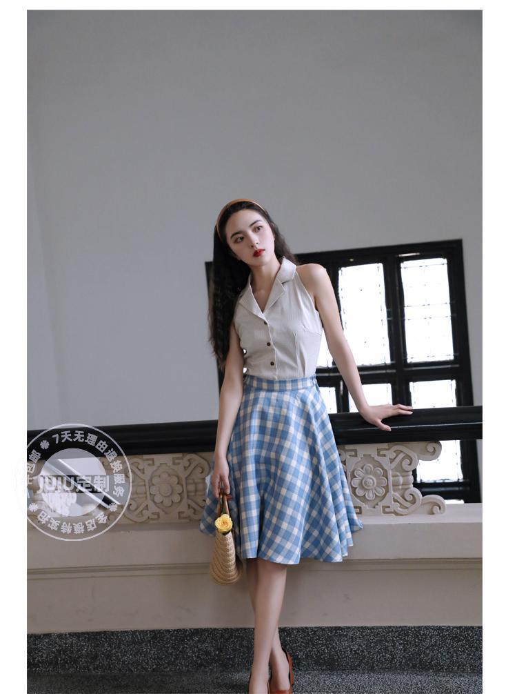 TOBE1SHOP Mùa hè năm 2025, váy kẻ caro màu xanh lá cây, váy chữ A, kiểu Pháp, thắt lưng, váy xòe, nữ tính.