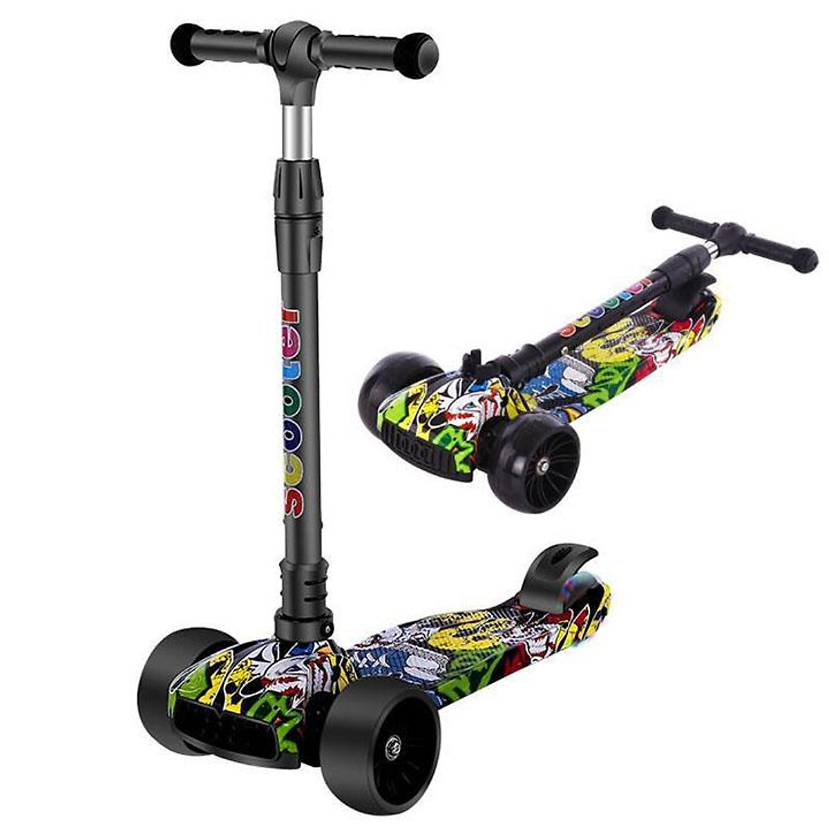 Xe Trượt Scooter 3 Bánh Cho Bé Họa Tiết Graffiti Đẹp Mắt Có Nhạc Bánh PU Phát Sáng Vĩnh Cửu