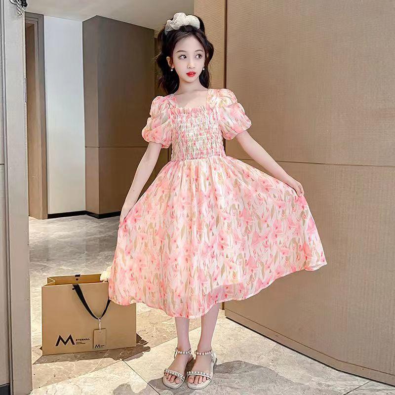 SHUANGYAN Cô gái váy mùa hè phong cách phương Tây 2023 Big Boy mùa hè váy chiffon mùa hè cô gái mảnh hoa mối tình đầu váy