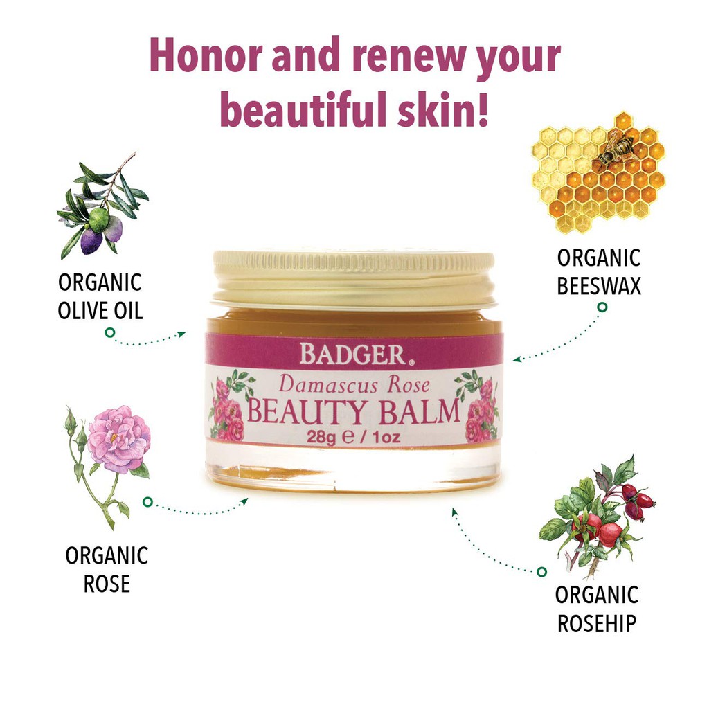 Sáp dưỡng da hoa hồng Badger Rose Beauty Balm USDA Organic - Dưỡng ẩm sâu cho da khô và da lão hóa - 28g