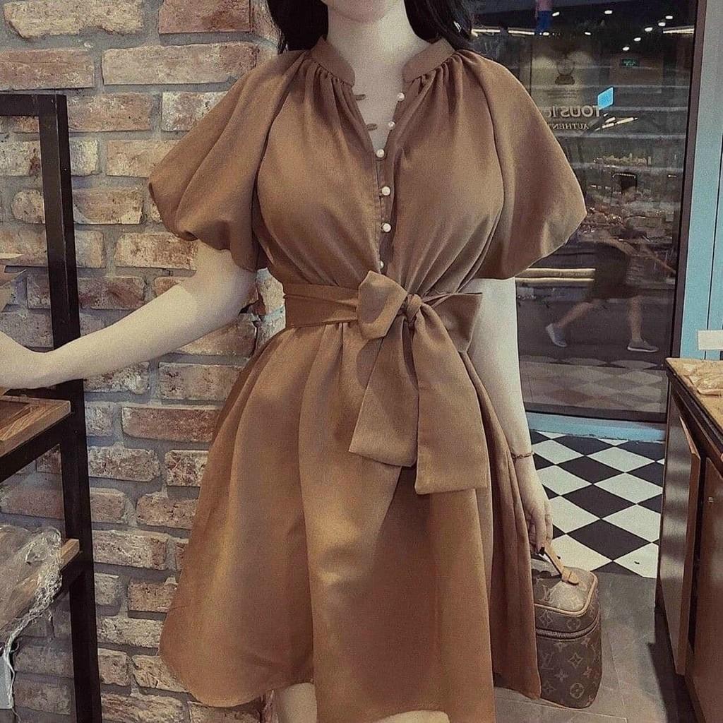 Đầm chữ A xòe phối dây mặc 2 kiểu, ĐẦM SUÔNG NÚT CƯỜMM