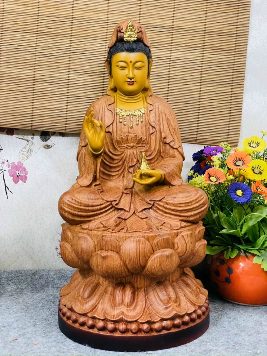 Tượng phật bà quan âm bồ tát bằng gỗ hương đá tô làm mầu giả cổ kt cao 50×25×25cm