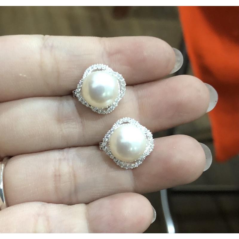 Bông Tai Bạc 925 Đính Hạt Ngọc Trai Thật Nước Ngọt 10ly - Trường Thịnh Ngọc Trai
