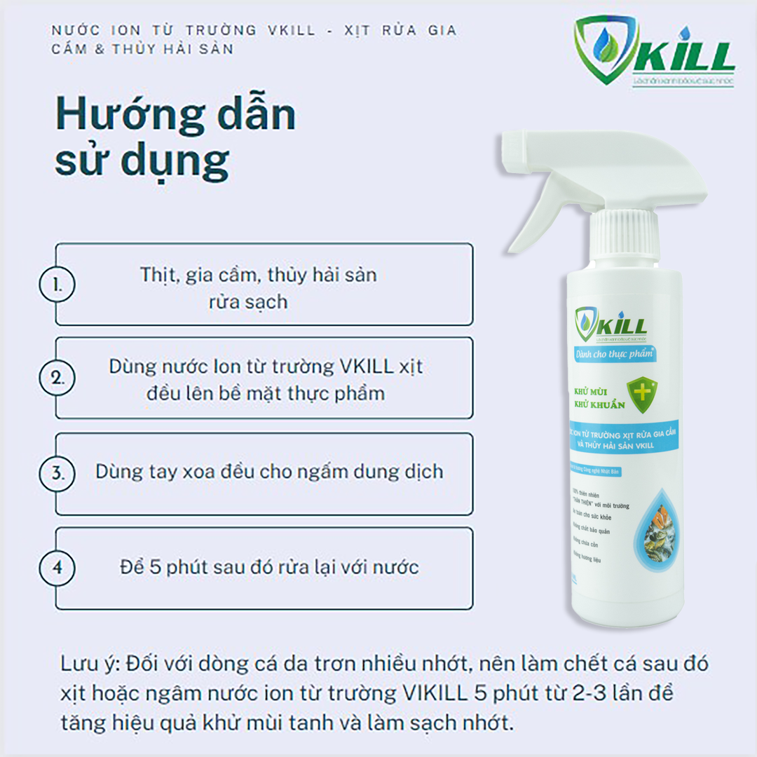 Nước ion từ trường Vkill 1000ml rửa gia cầm và thủy hải sản làm sạch nhớt cá diệt khuẩn 99,9% cam kết an toàn