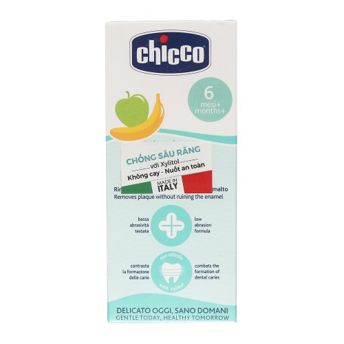 Kem đánh răng hương Chuối - Táo Chicco 6M+50ml, ngăn ngừa sâu răng, không cay, nhẹ nhàng làm sạch răng ( Tặng 01 móc chịu lực 3D ngẫu nhiên )