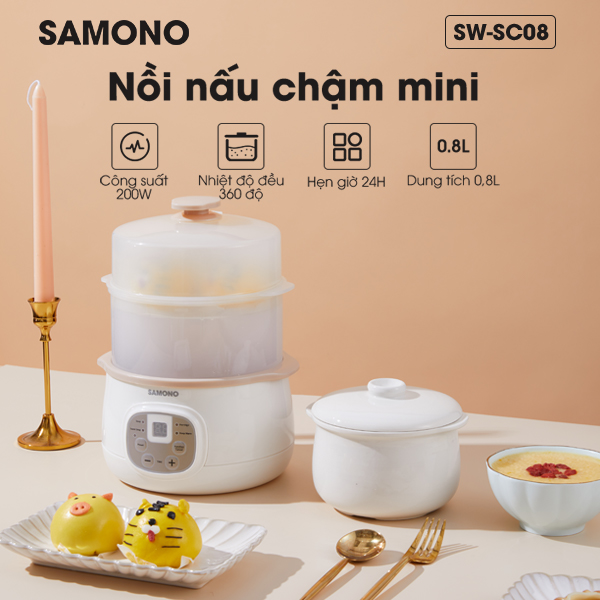 Nồi nấu chậm đa năng 4in1 SAMONO SW-SC08 0.8L phiên bản nâng cấp - Hàng chính hãng