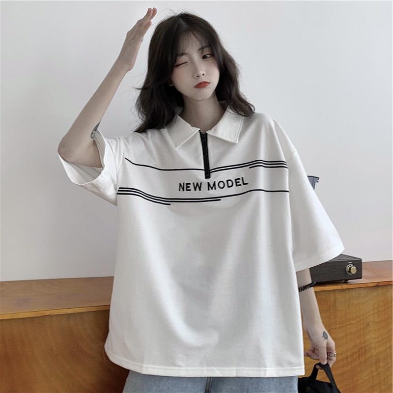 Áo Polo Cộc Tay Khóa Kéo In Chữ NEW MODEL Dáng Rộng