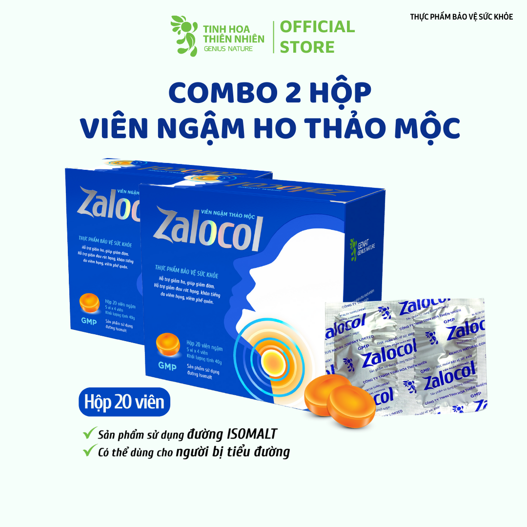 Combo 2 hộp viên ngậm thảo mộc Zalocol Hỗ trợ giảm ho, giảm đờm, giảm đau rát họng, khản tiếng - Genat