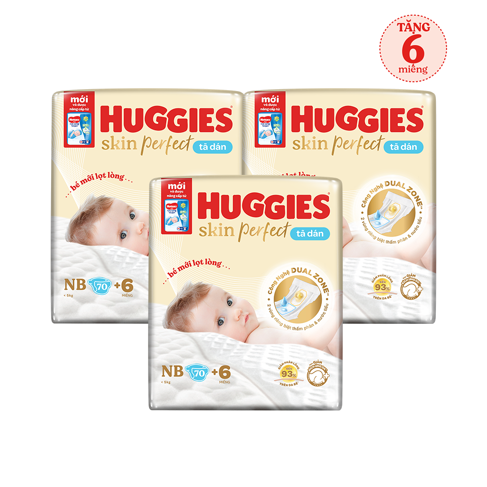 Combo 3 gói Tã/bỉm dán sơ sinh Huggies Skin Perfect NB 70+6 miếng với 2 vùng thấm giảm kích ứng da