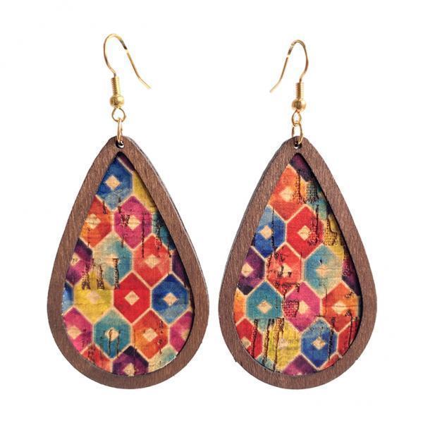 2-3pack Drop Shape Earrings Retro Wood Grain Leather for Teens Square Rainbow