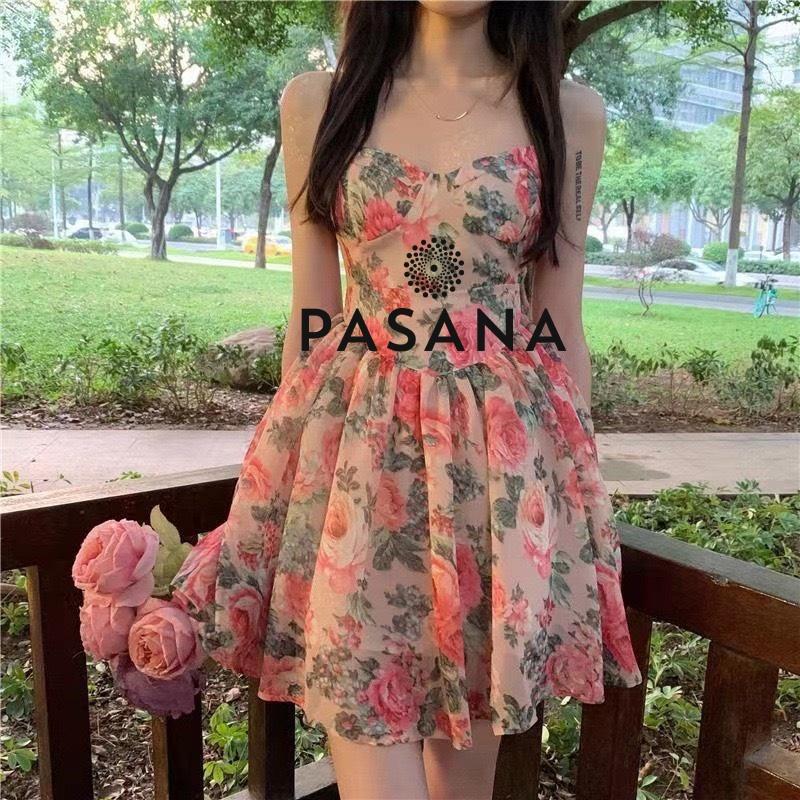 Váy nữ đầm vintage sang chảnh hai dây eo cao hoa hồng mùa hè siêu xinh Pasana0002v