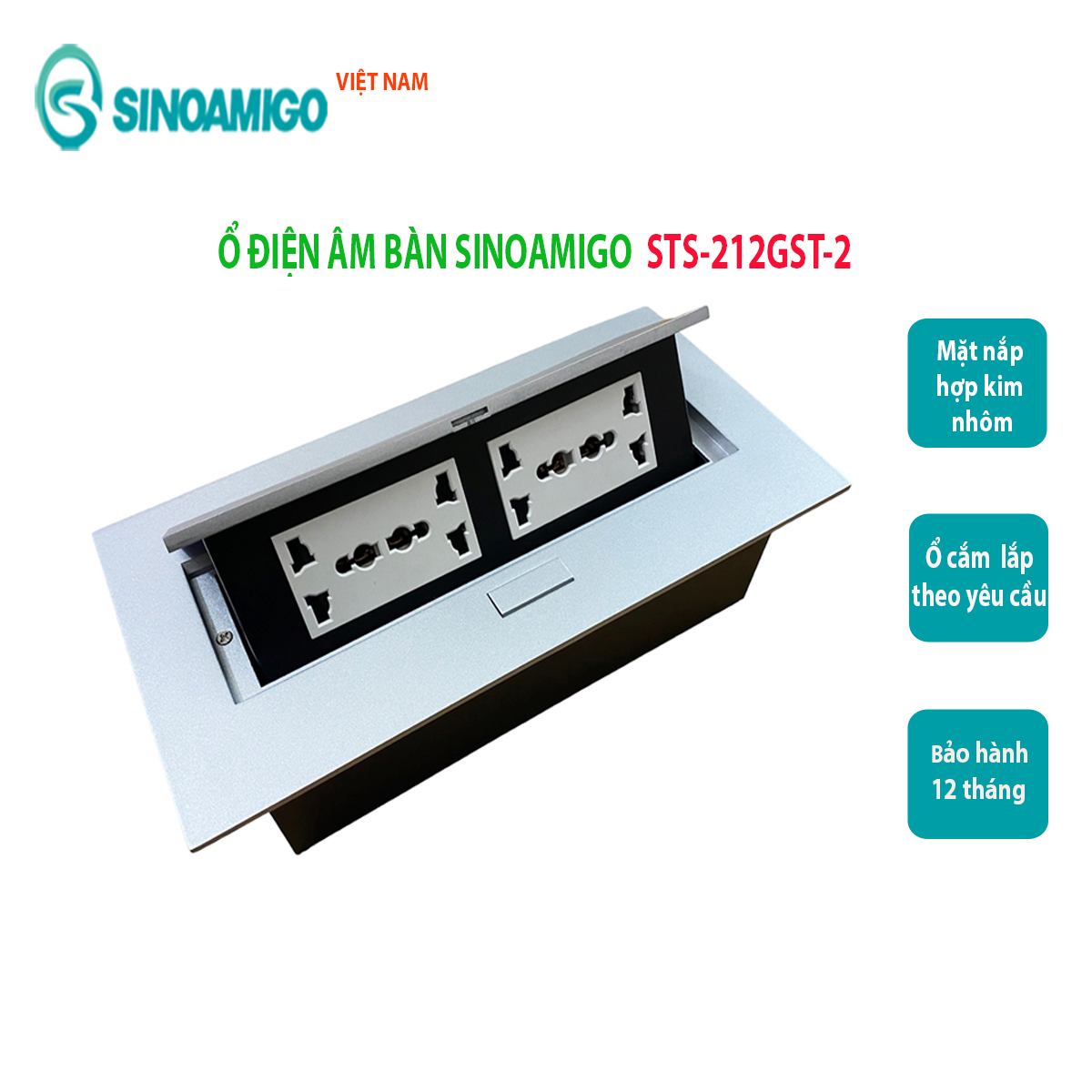 Hộp điện âm bàn văn phòng, bàn làm việc Sinoamigo STS-212GTS-2, gồm 4 ổ cắm 3 chấu đa năng