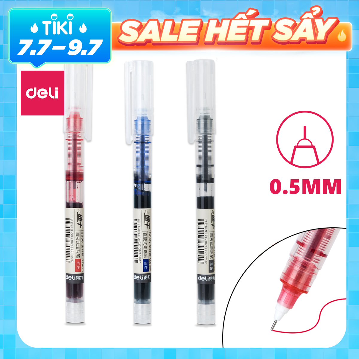 Bút bi nước khô nhanh Deli - 0.5mm - Bút viết thư pháp - Ống bút liền mực - Mực Đen - 1 chiếc - S856