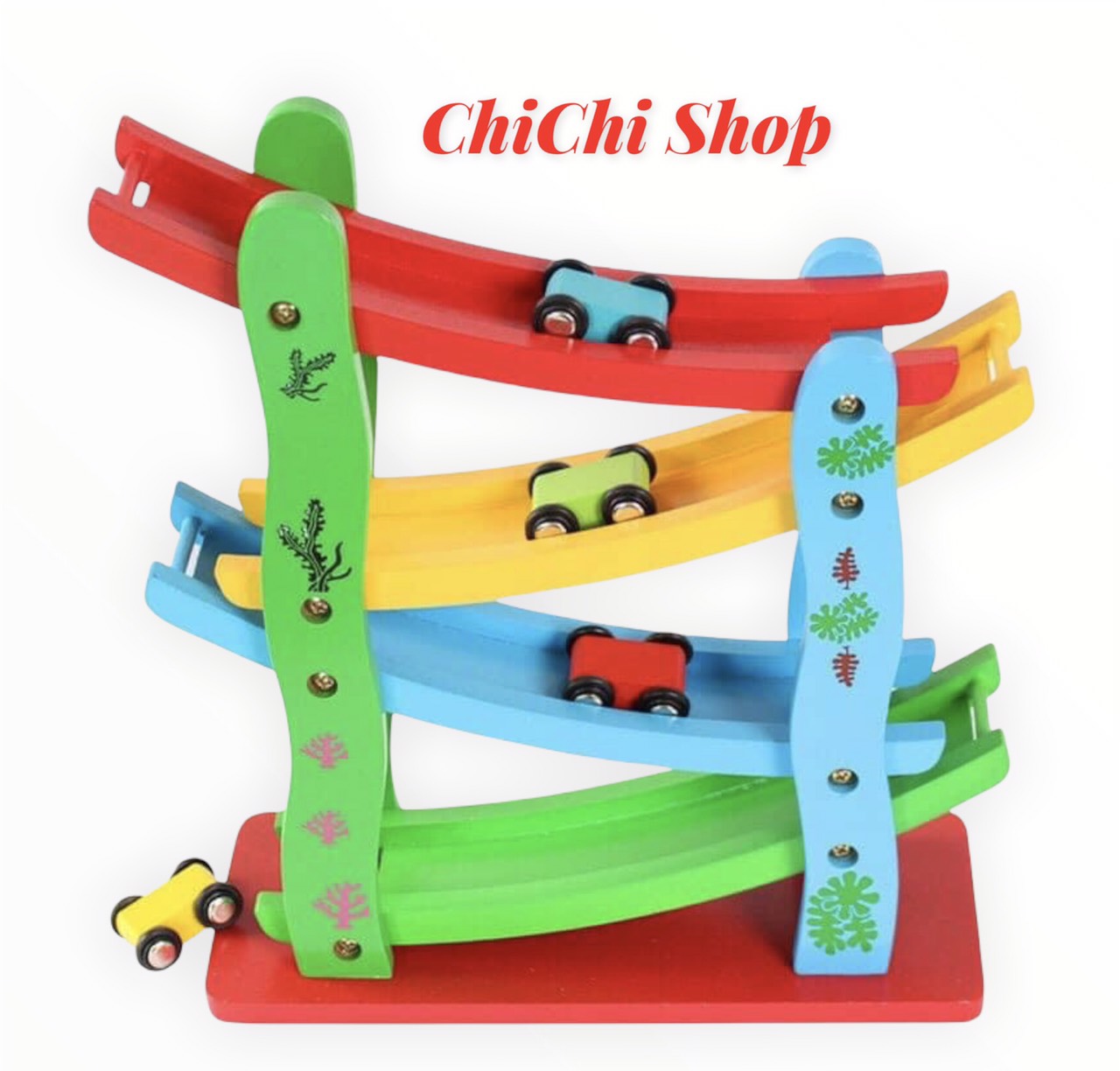 Cầu Trượt 4 Tầng Tặng Kèm 4 Xe Con Bằng Gỗ, Đồ Chơi Thông Minh An Toàn Cho Bé