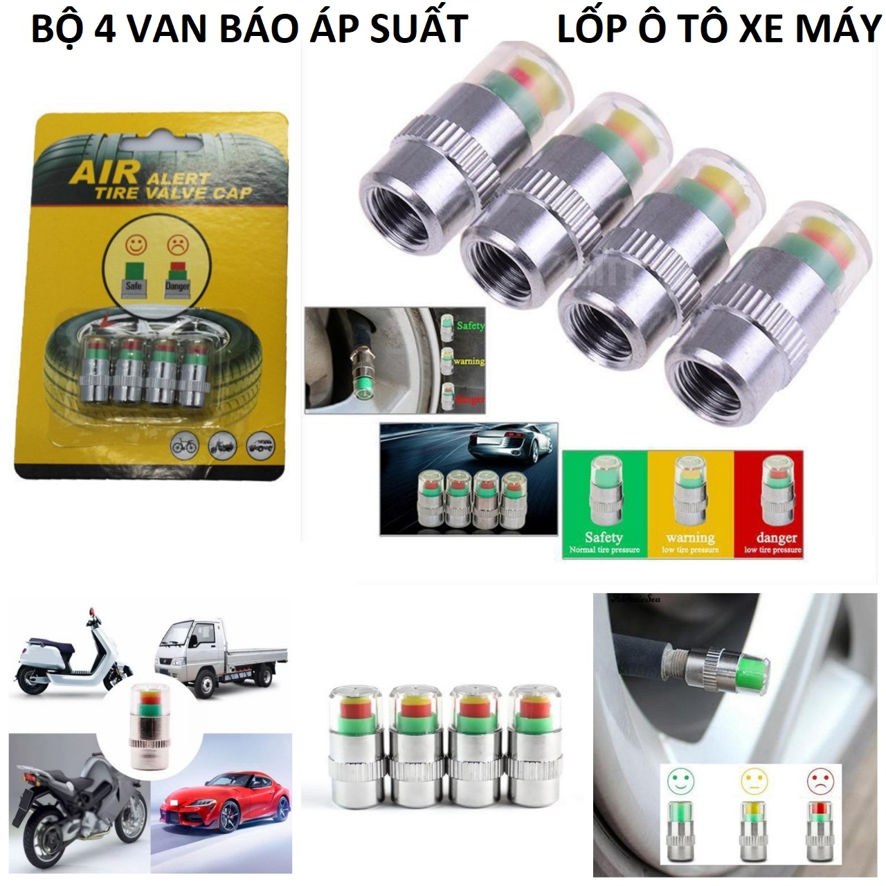 Bộ 4 nắp van cảm biến áp suất lốp ô tô hiển thị 3 màu giúp bạn lái xe an toàn