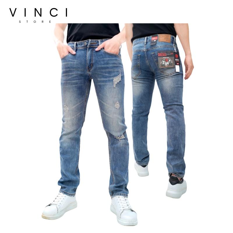 Quần Jean Nam Rách Ống Côn Slim Fit Màu Bụi