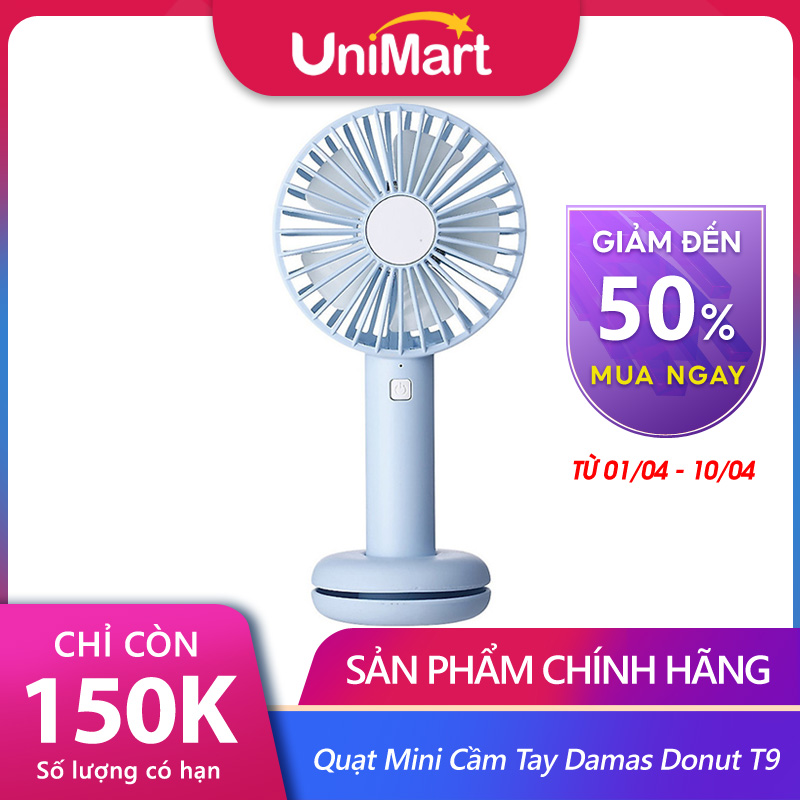 Quạt Mini Cầm Tay Damas Donut T9 Tích Điện Tiện Lợi Kèm Cáp Sạc - Tích Hợp Đèn Led Đổi Màu Lung Linh, Ảo Diệu - Tặng Chân Đế Thiết Kế Bánh Donut Giữ Quạt Để Bàn ( Đế Silicon Là Ngăn Để Cáp Sạc 0,5m)  - Hàng Chính Hãng