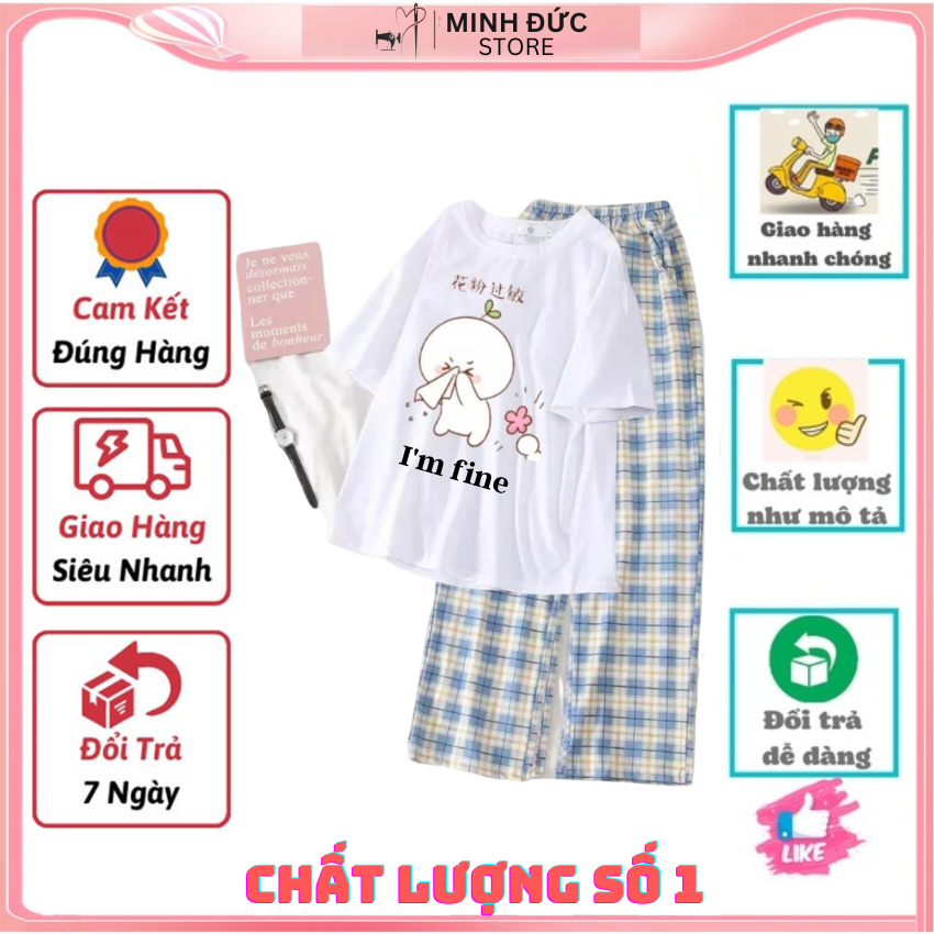 Sét Bộ Nữ SS23, Sét Đồ Nữ Đi Chơi Đẹp In Chữ Và Hình Tôi Vẫn Khỏe, Sét Áo Vải Cotton, Và Quần Kẻ Đen Cá Tính