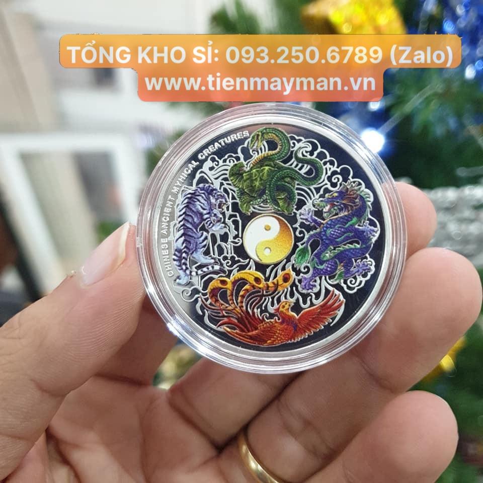 Đồng Xu Tứ Linh In Màu 3D Phong Thủy May Mắn, kèm Túi Gấm Đỏ - PASA COLLECTION