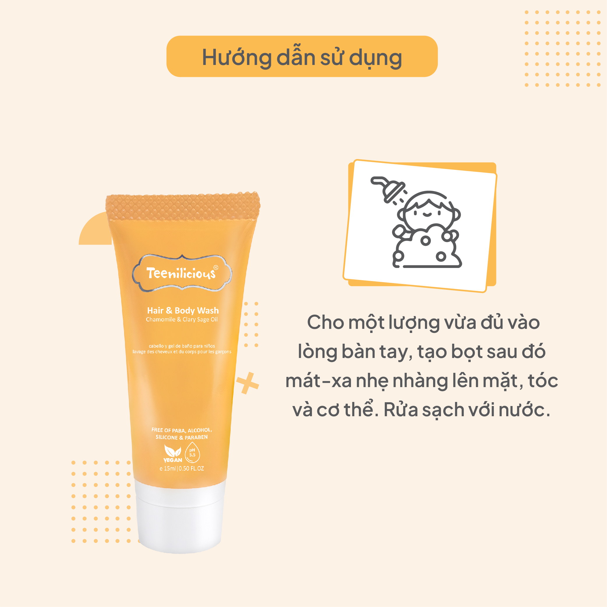 [Mini Size] Sữa Tắm Gội Toàn Thân Chiết Xuất Hoa Cúc Và Xô Thơm Teenilicious Hair &amp; Body Wash Chamomile &amp; Clary Sage Oil 15ml - Làm Sạch Bụi Bẩn Trên Da Và Tóc. Giúp Làm Đẹp Da Và Dưỡng Body