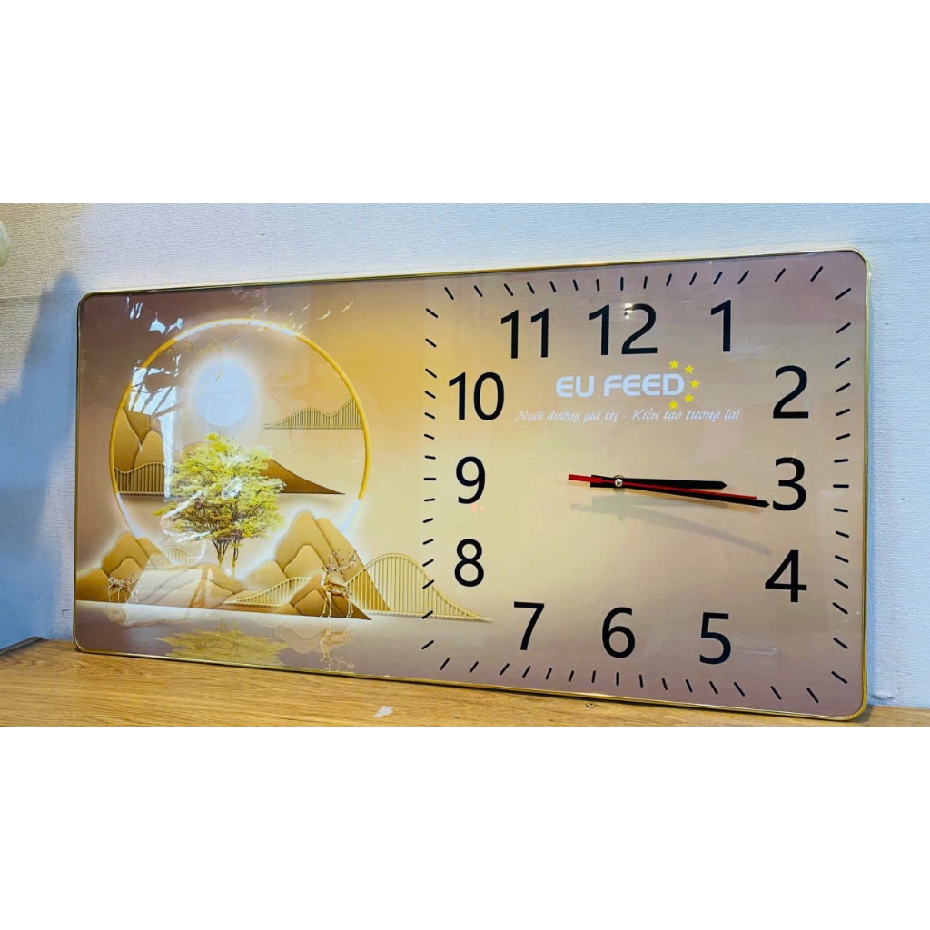 (ẢNH THẬT)Tranh đồng hồ hươu vàng nghệ thuật bo viền vàng trang trí quà tặng tân gia khai trương