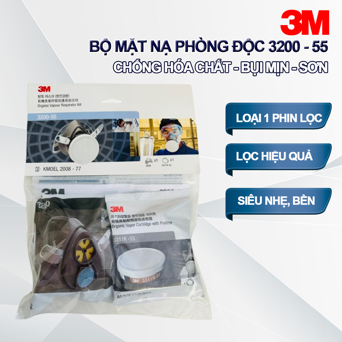 Bộ Mặt Nạ phòng độc 3M 3200- 55  Sử Dụng 1 Phin Lọc. Chống hóa chất , hơi , khí độc trong khi sơn, phun thuốc nông nghiệp,...