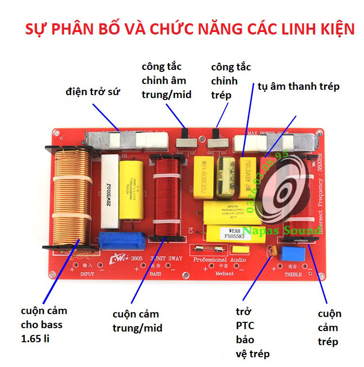 BỘ PHÂN TẦN 3 ĐƯỜNG TIẾNG CHO LOA BASS 40 50 CÔN 100 CW3805 - GIÁ 1 CÁI - MẠCH PHÂN TẦN LẮP BASS TRUNG TRÉP