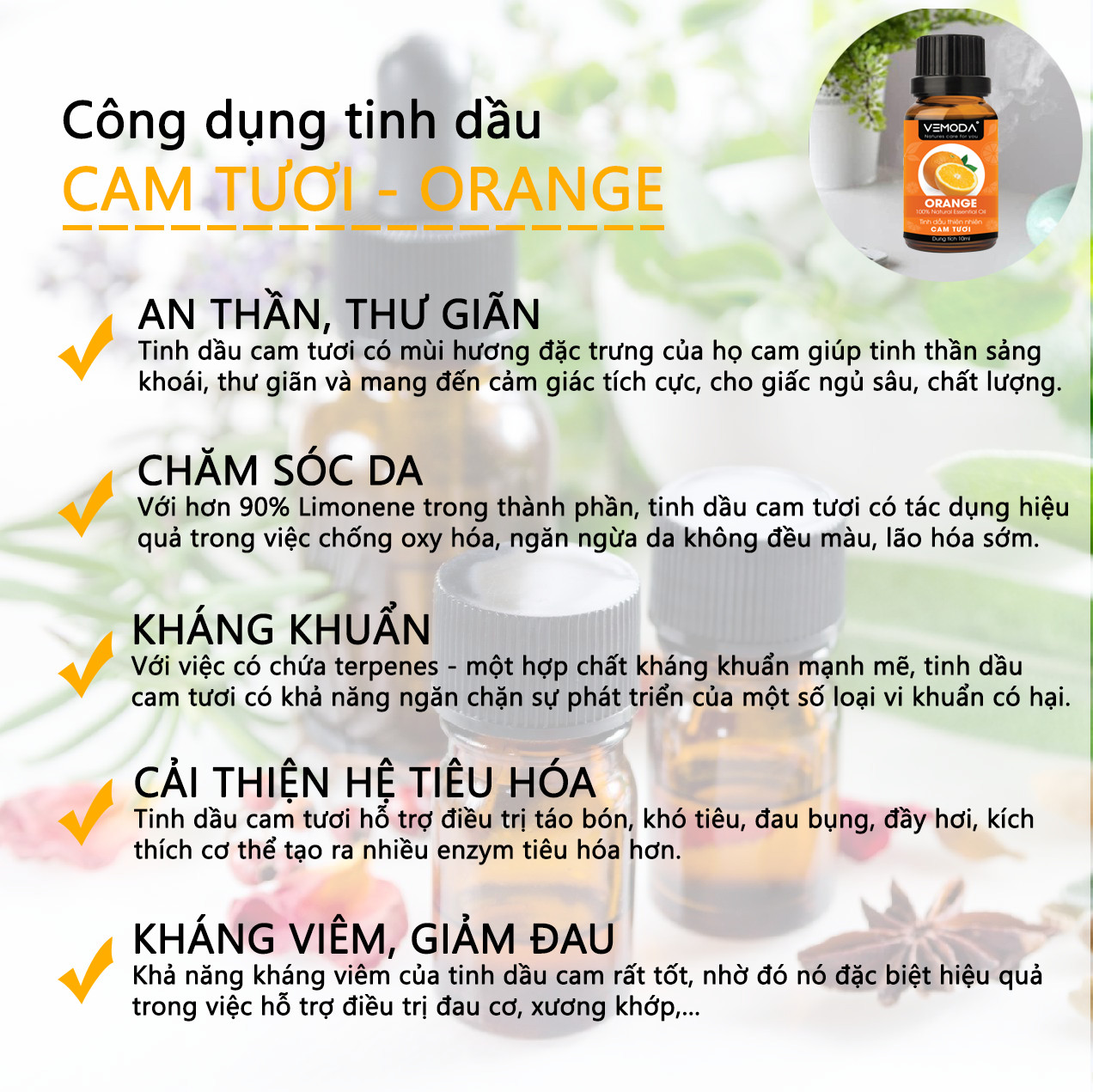 Combo 3 chai tinh dầu nguyên chất Vemoda: tinh dầu Bạc hà (10ml) + tinh dầu Cam tươi (10ml) + tinh dầu Sả chanh (10ml)