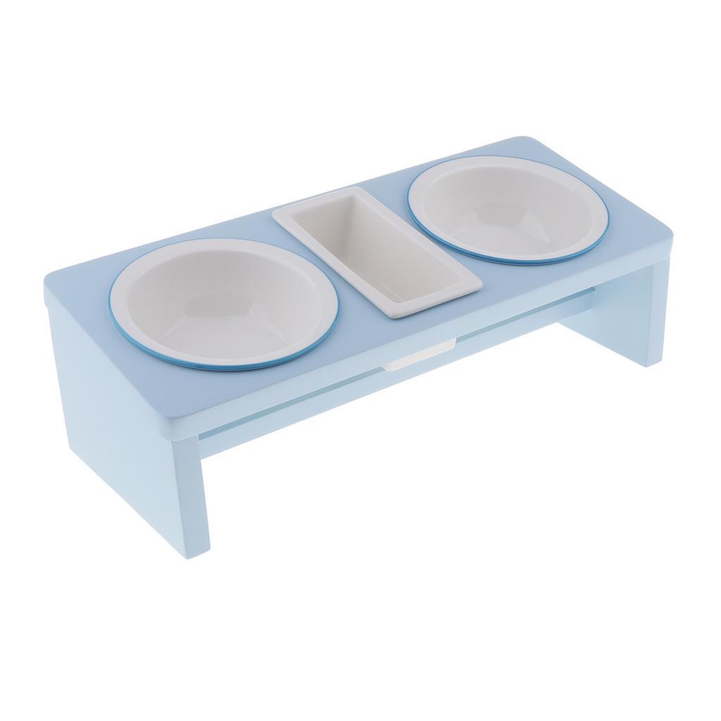 Pet Ceramic Food Water Feeding Bowl With Wooden Stand For Cat Dog Sky Blue