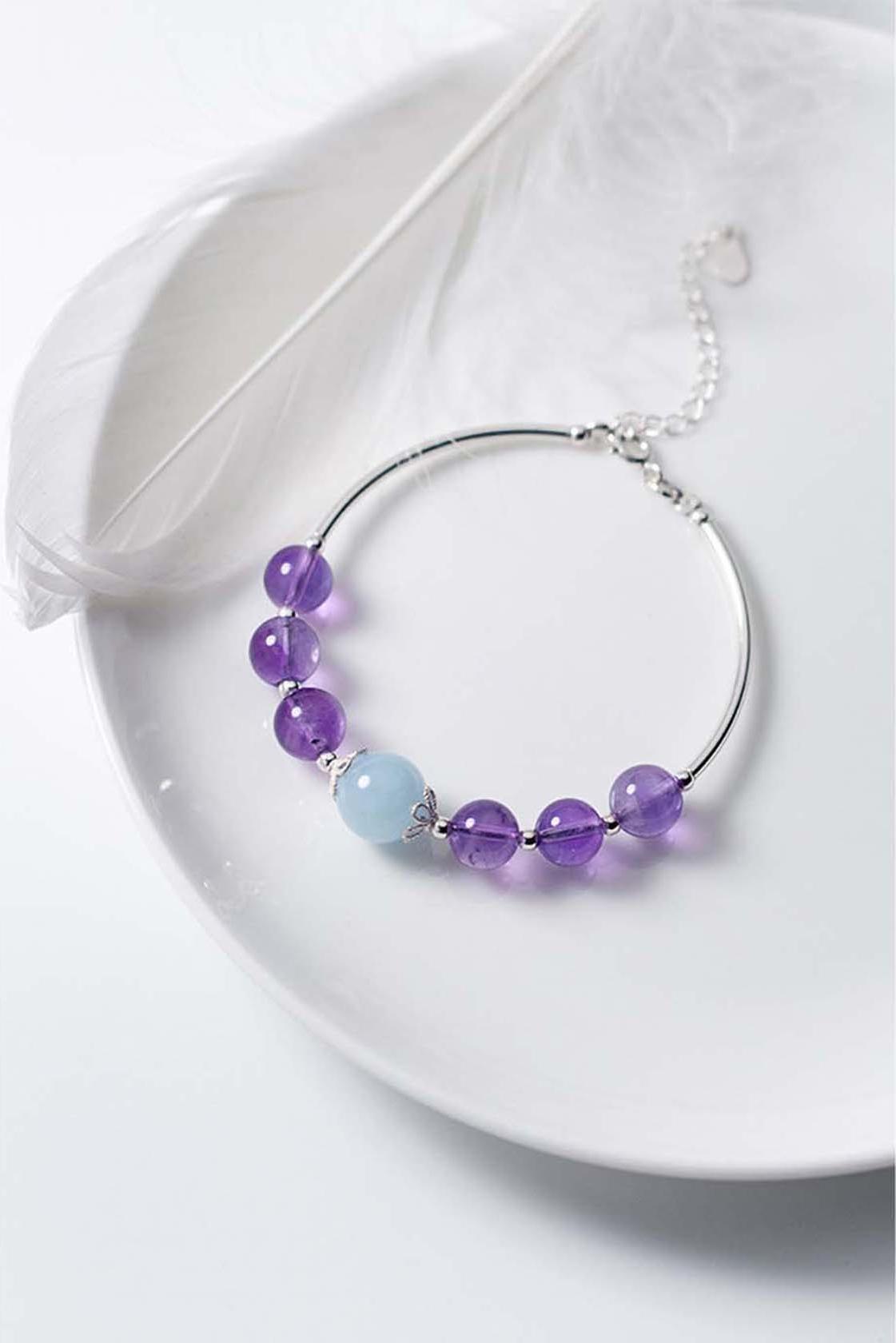 Vòng tay bạc đá thạch anh tím phối Aquamarine - Ngọc Quý Gemstones