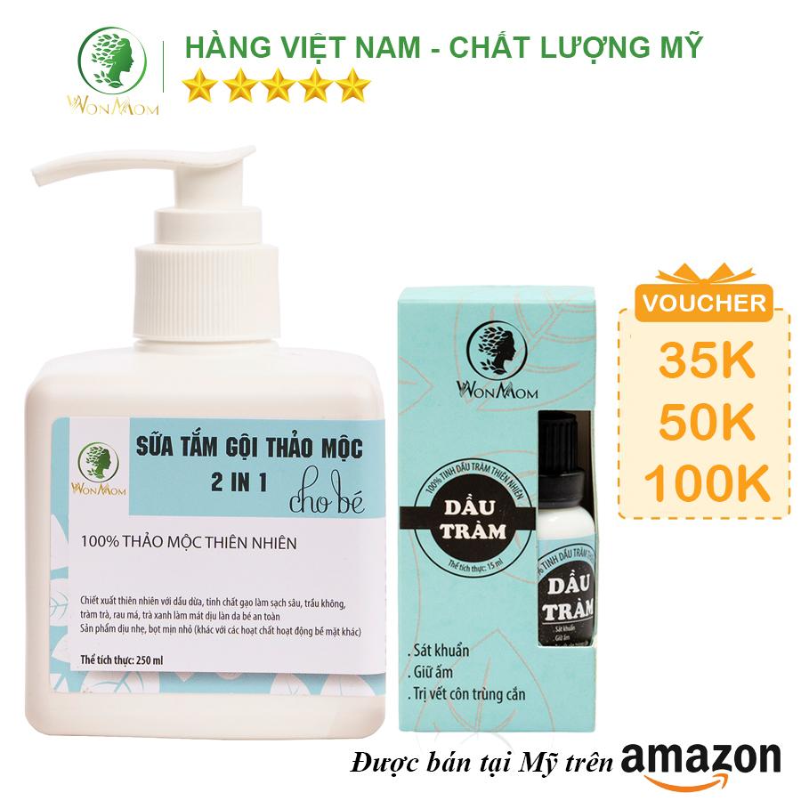 Bộ tắm gội thảo mộc và giữ ấm cho bé yêu Wonmom ( 1 Dầu tràm + 1 Sữa tắm gội thảo mộc cho bé )