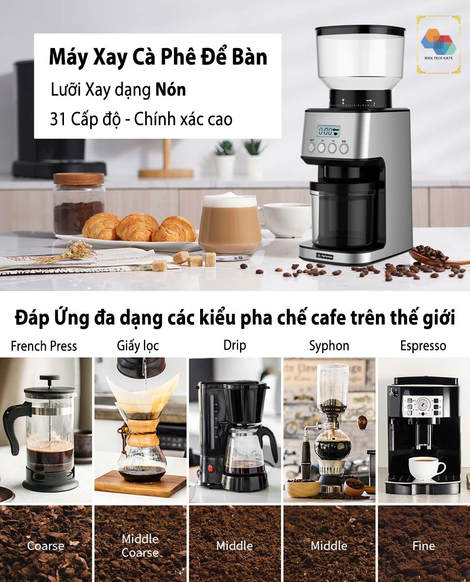 Máy Xay Cà Phê G5 HIGH TECH GATE CG05 Xay Hạt Cafe Pha Espresso, 31 Cấp Độ Xay Từ Thô Đến Mịn, Để Bàn Nhỏ Gọn, Giá Đỡ Tay Cầm 51mm và 58mm Tiện Lợi, Hàng Chính Hãng