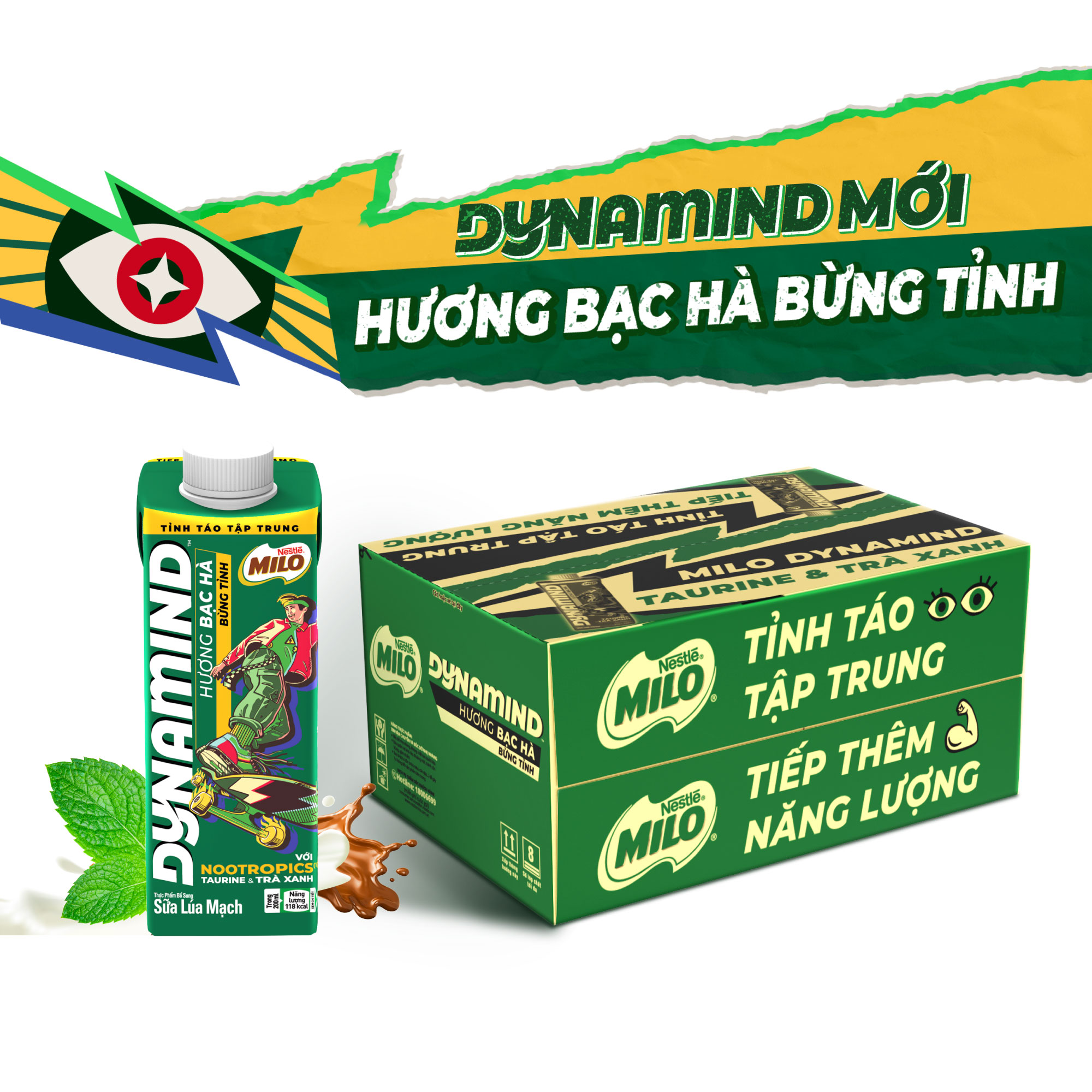 Thùng 24 hộp sữa lúa mạch Nestlé MILO Dynamind Bạc Hà mới