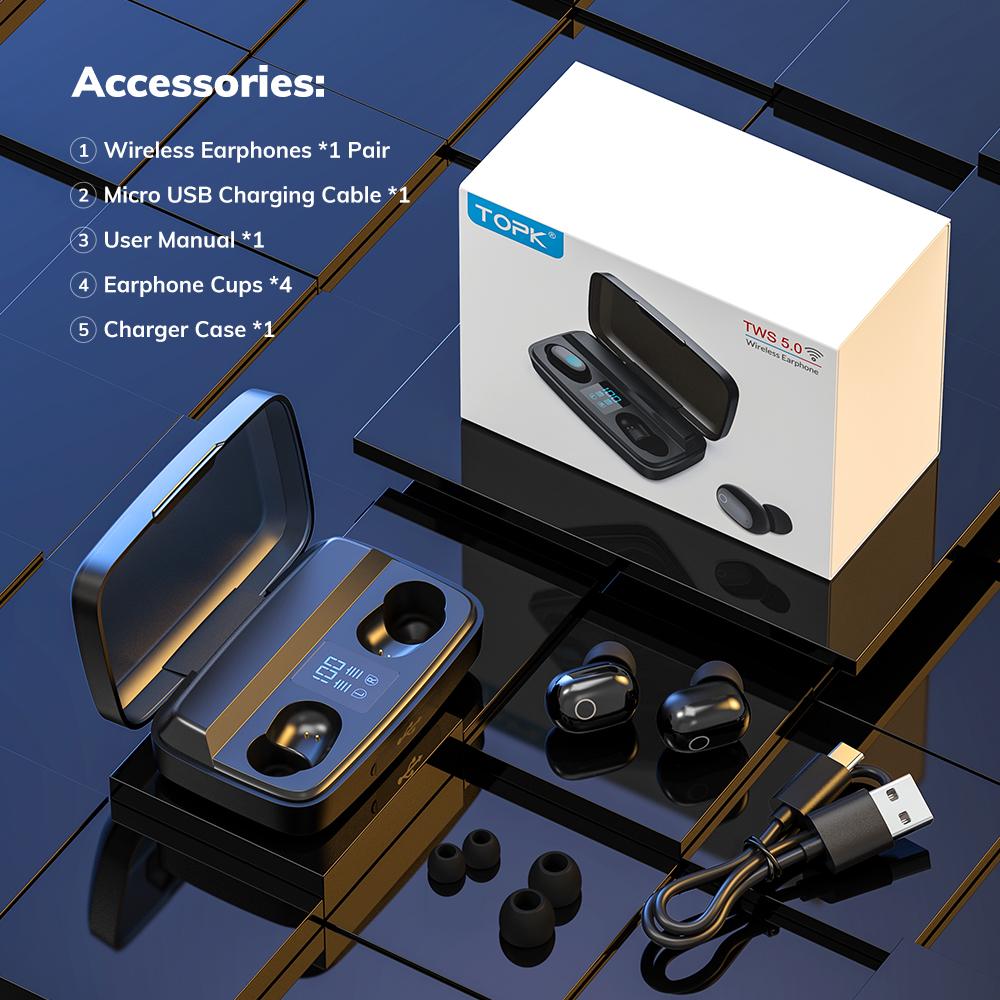 TOPK T10 TWS Bluetooth V5.0 Tai Nghe Không Dây Vân Tay Cảm Ứng Bluetooth 1500MAh Sạc Hộp Tai Nghe Nhét Tai Thể Thao