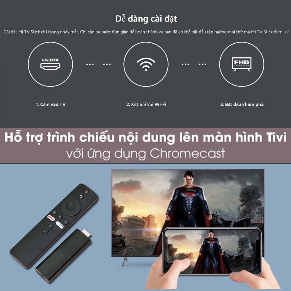 Android TV Box Xiaomi Mi TV Stick tìm kiếm bằng giọng nói, hỗ trợ tiếng việt - Hàng Chính Hãng