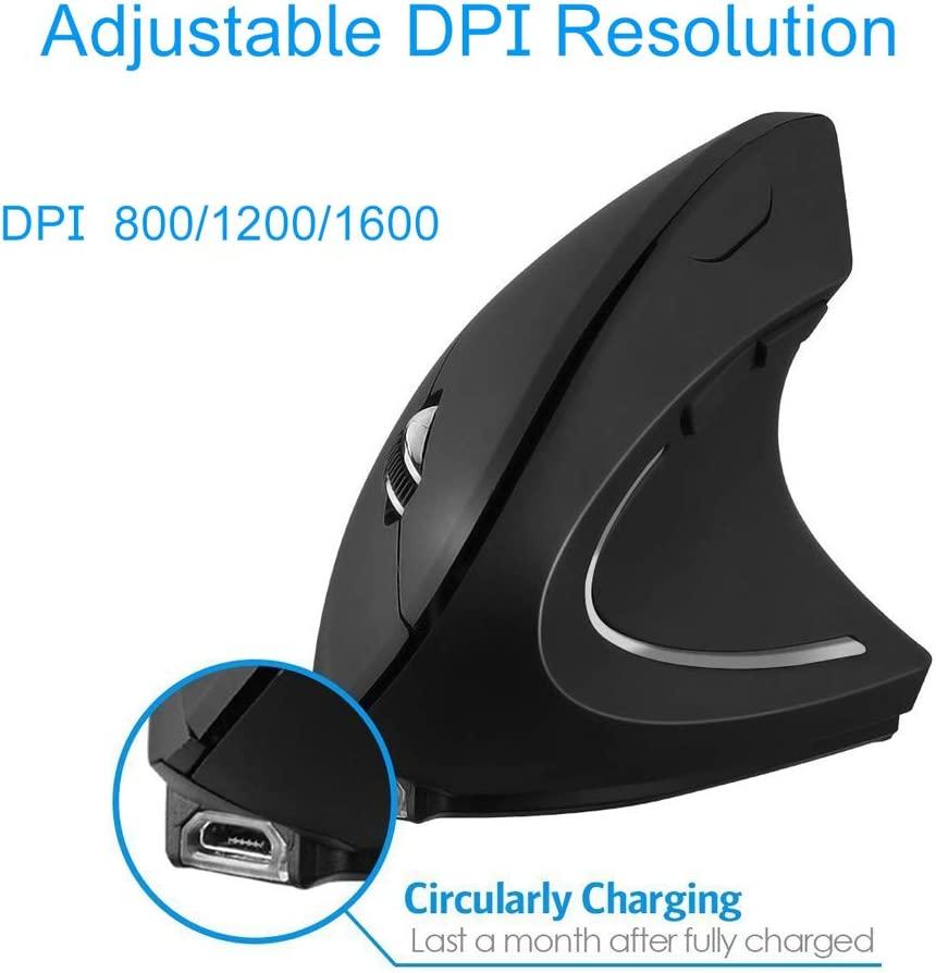 Chuột dọc không dây, chuột công thái học USB có thể sạc lại 2.4GHz, 3 cấp độ DPI có thể điều chỉnh 800/1600/2400, 6 nút, cho bên phải -hander