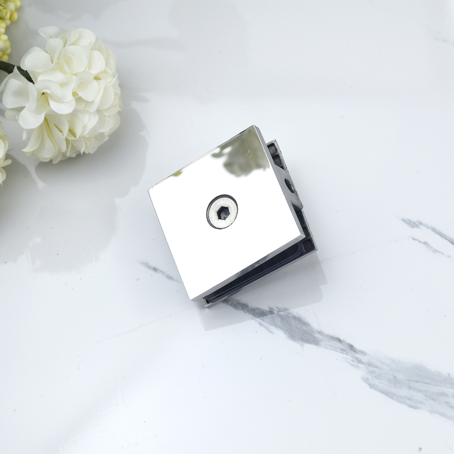 Kẹp định vị kính 0 độ cho cabin tắm chất liệu inox 304 mặt gương cạnh vát Hiwin FC-2080 lắp ở chân vách kính
