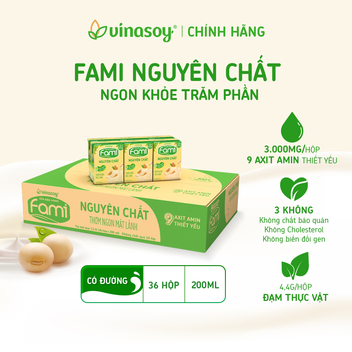 Thùng Sữa đậu nành Fami nguyên chất (200ml x 36 Hộp)