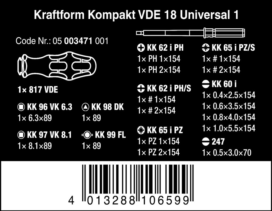 Bộ tua vít cách điện 18 chi tiết Kraftform Kompakt VDE 60 i/62 i/65 i/18 Wera 05003471001