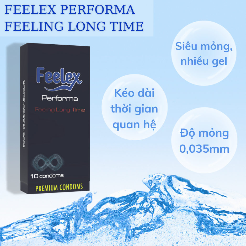 Bao cao su Feelex Performance Premium siêu mỏng, kéo dài thời gian quan hệ, hộp 10bcs