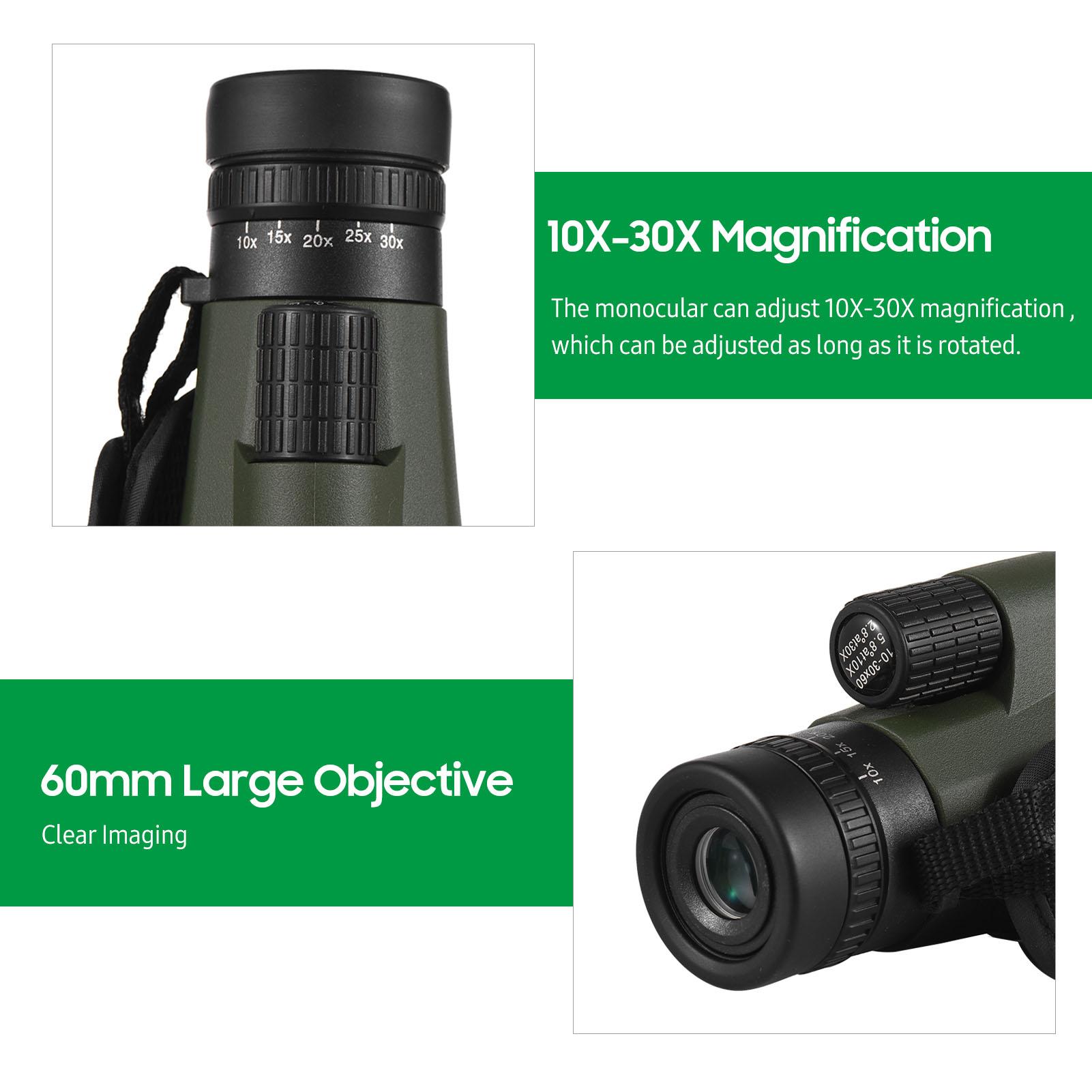 10-30x60 Zoom Monocular BAK4 Prism Waterproof Monocular Phone Telescope for Wildlife Birds Watching Camping Hiking Tourism Living Concert