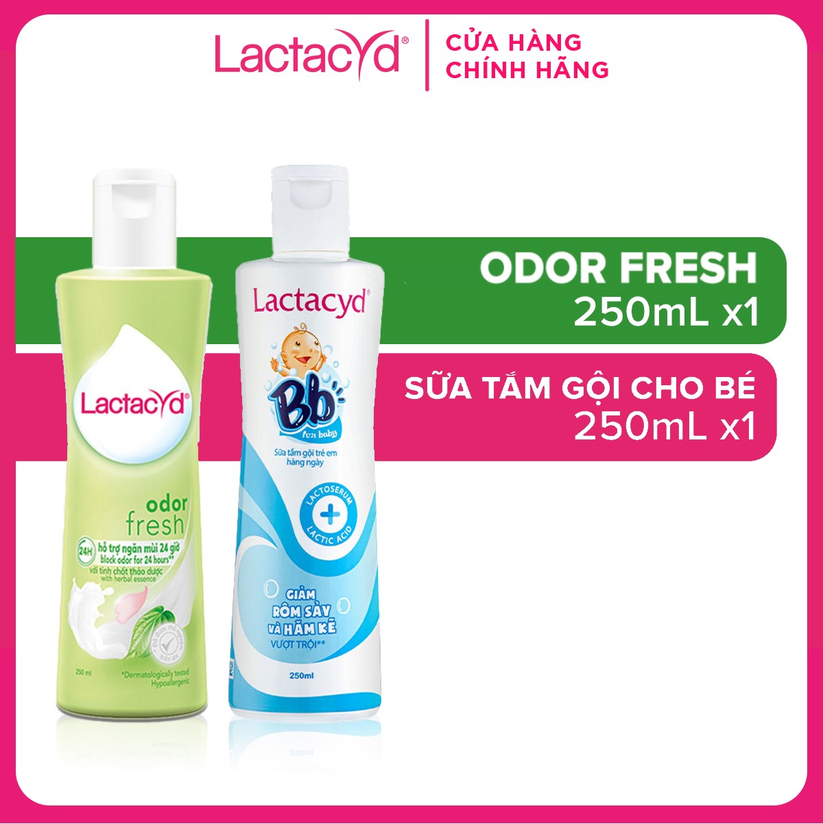 Bộ Dung Dịch Vệ Sinh Phụ nữ Lactacyd Odor Fresh Ngăn Mùi 24H 250ml + Sữa Tắm Gội Trẻ em Lactacyd Baby Gentle Care 250ml