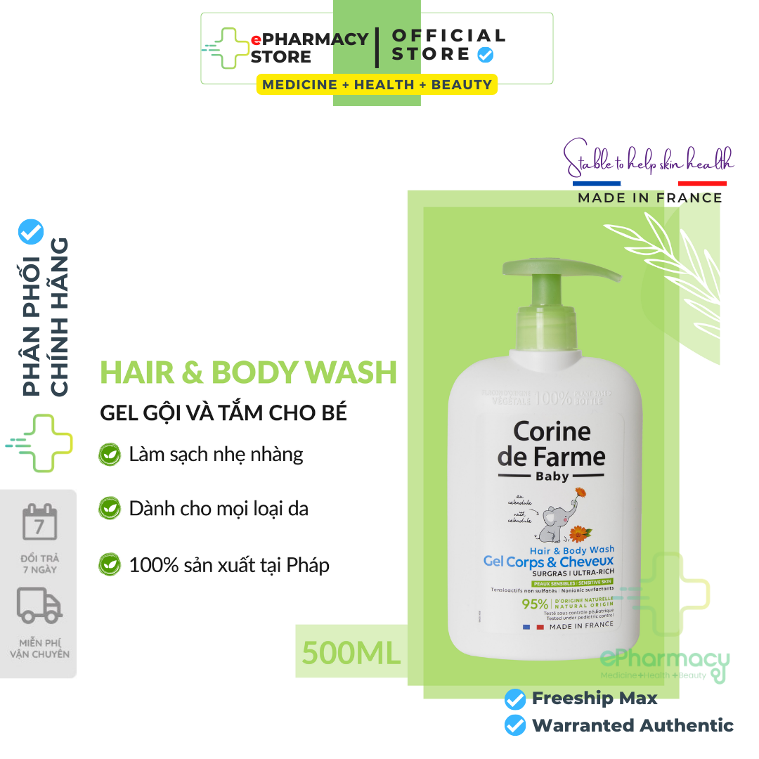 Gel tắm gội cho bé Corine De Farme Hair &amp; Body Wash