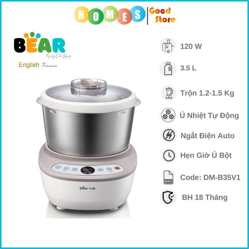 Máy Làm Bánh, Máy Trộn Bột Ủ Bột Lên Men Tự Động BEAR Chống Dính Bột Dung Tích 3.5 Lít Công Suất 120 W - Hàng Chính Hãng