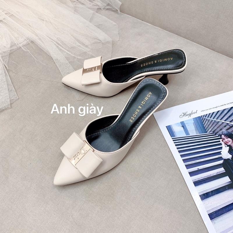 DL41 - Dép sục da lì mũi nhọn gót đũa 5p nơ ngang khoá vàng cực xinh