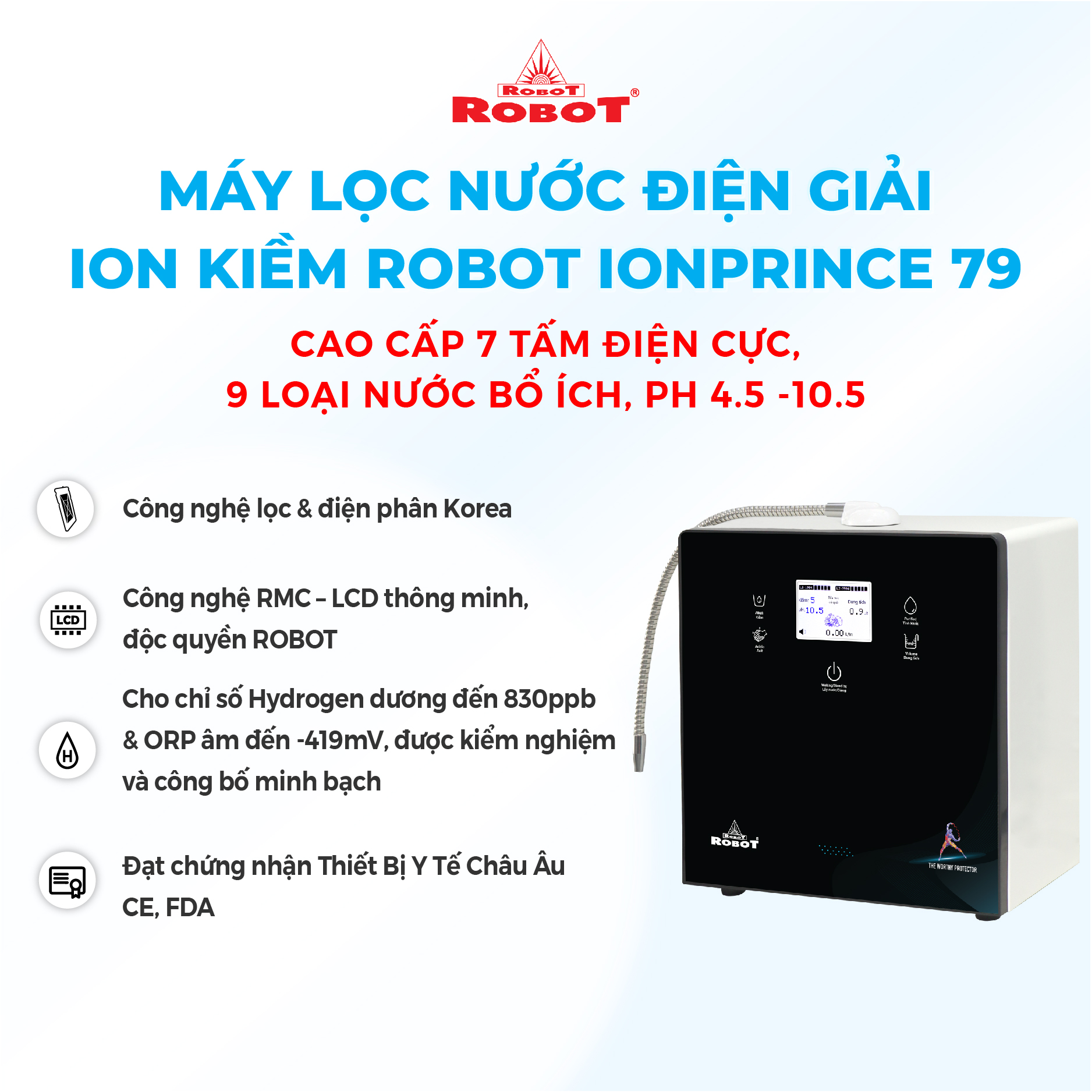 Máy Lọc Nước Điện Giải Ion Kiềm Thông Minh ROBOT IonPrince 79 Để Bàn Treo Tường - Hàng Chính Hãng